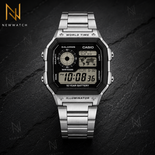 ساعت مچی Casio AE-1200WHD-1AV نمای روبرو بند استیل