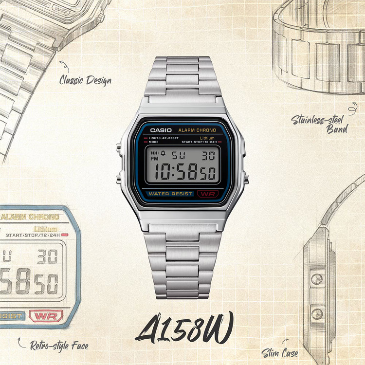 ساعت مچی دیجیتال کاسیو A158WA-1 با بند استیل | Casio A158WA-1