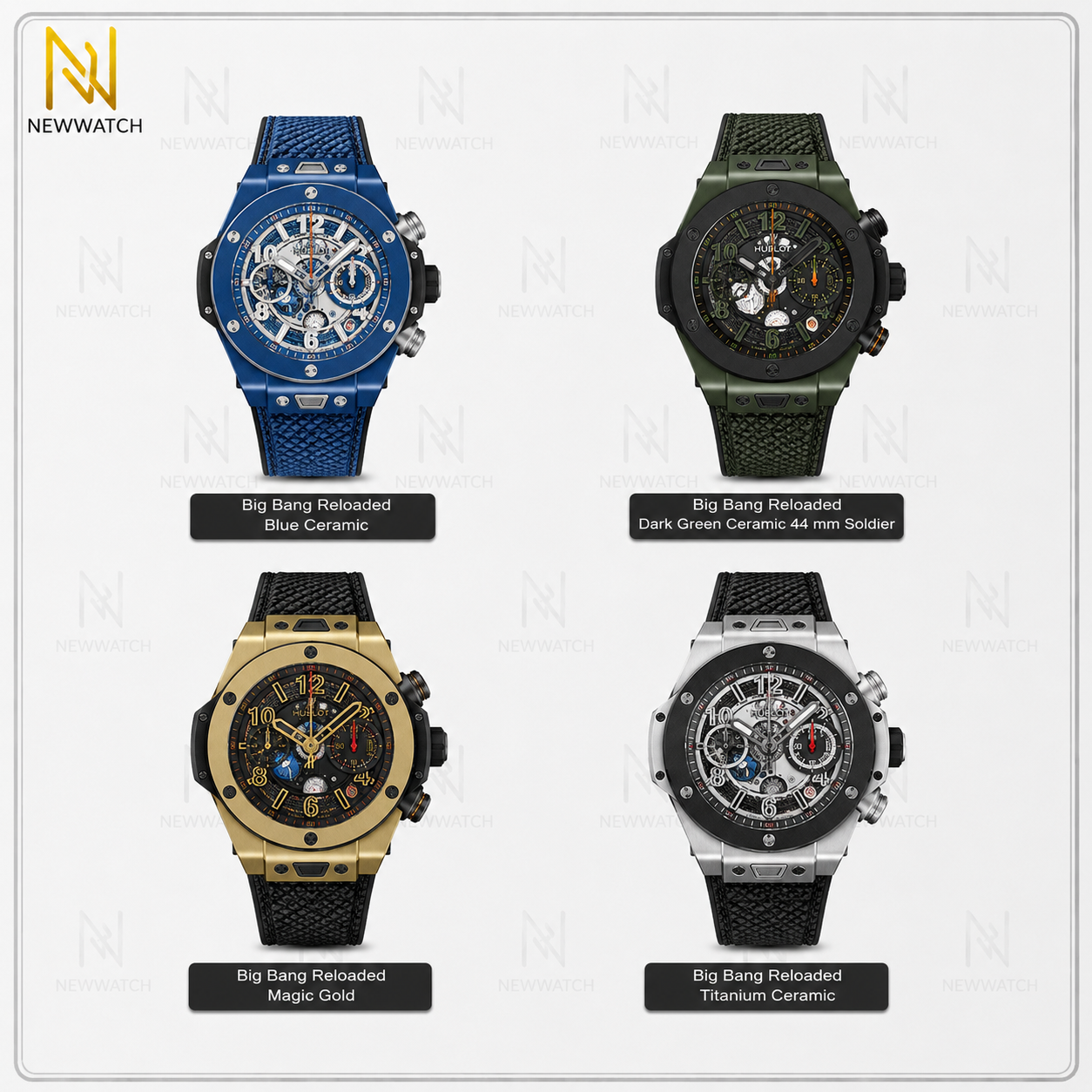 نمای روبه‌روی ساعت Hublot Big Bang Reloaded با طراحی اسکلتون، قاب سرامیکی و جزئیات کرونوگراف UNICO.