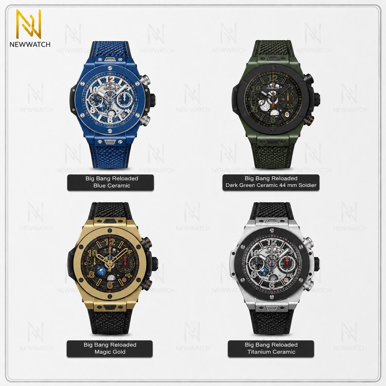 نمای روبهروی ساعت Hublot Big Bang Reloaded با طراحی اسکلتون، قاب سرامیکی و جزئیات کرونوگراف UNICO.