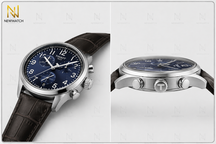 نمای زاویهدار ساعت Tissot Chrono L 42mm با قاب استیل ضدزنگ