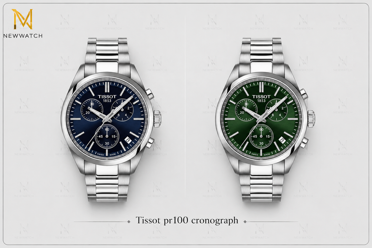 دو رنگ ساعت تیسوت PR 100 Chronograph با صفحه سرمه ای و سبز
