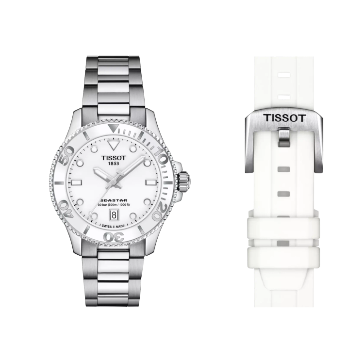 نمای صفحه ساعت Tissot Seastar 1000 36mm با بند استیل و بزل یک طرفه